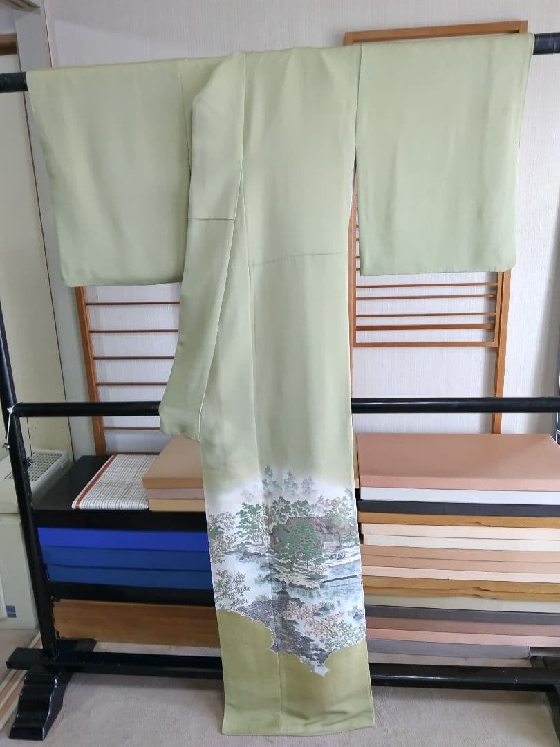 T-293 色留袖 寿光織 樹木 風景 袷 三ツ紋 暈し 金銀糸 美品
