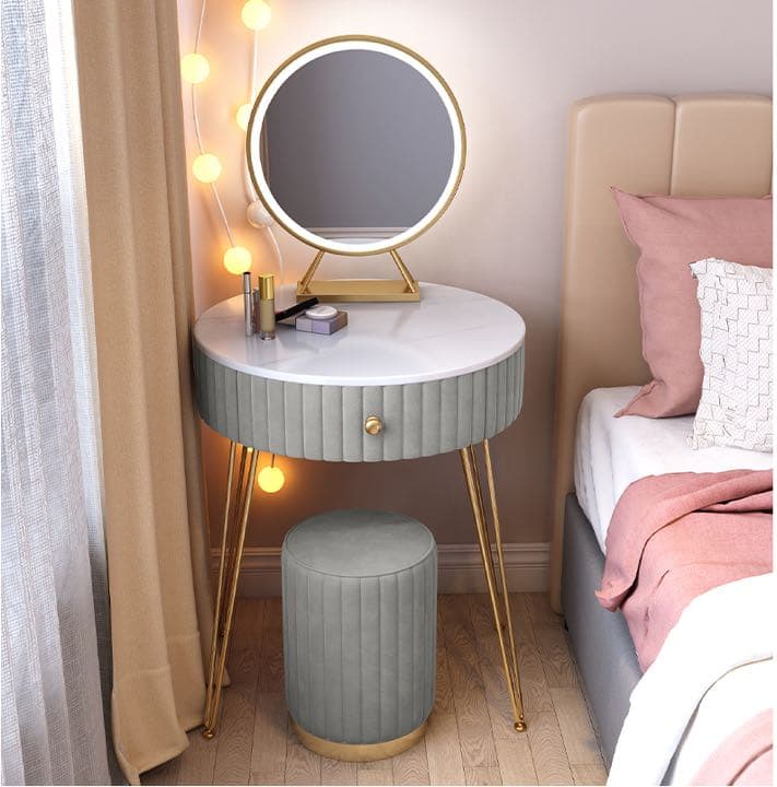 女性大人気　ピンク　可愛い　円型オシャレドレッサー　LED三段ミラー　椅子セット