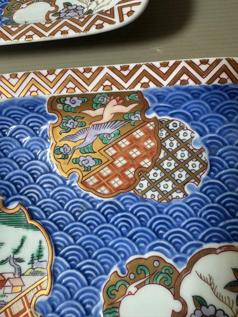 2367 林九郎窯 古伊万里風 青海波地紋雪輪 銘々皿５枚組 波佐見焼　未使用