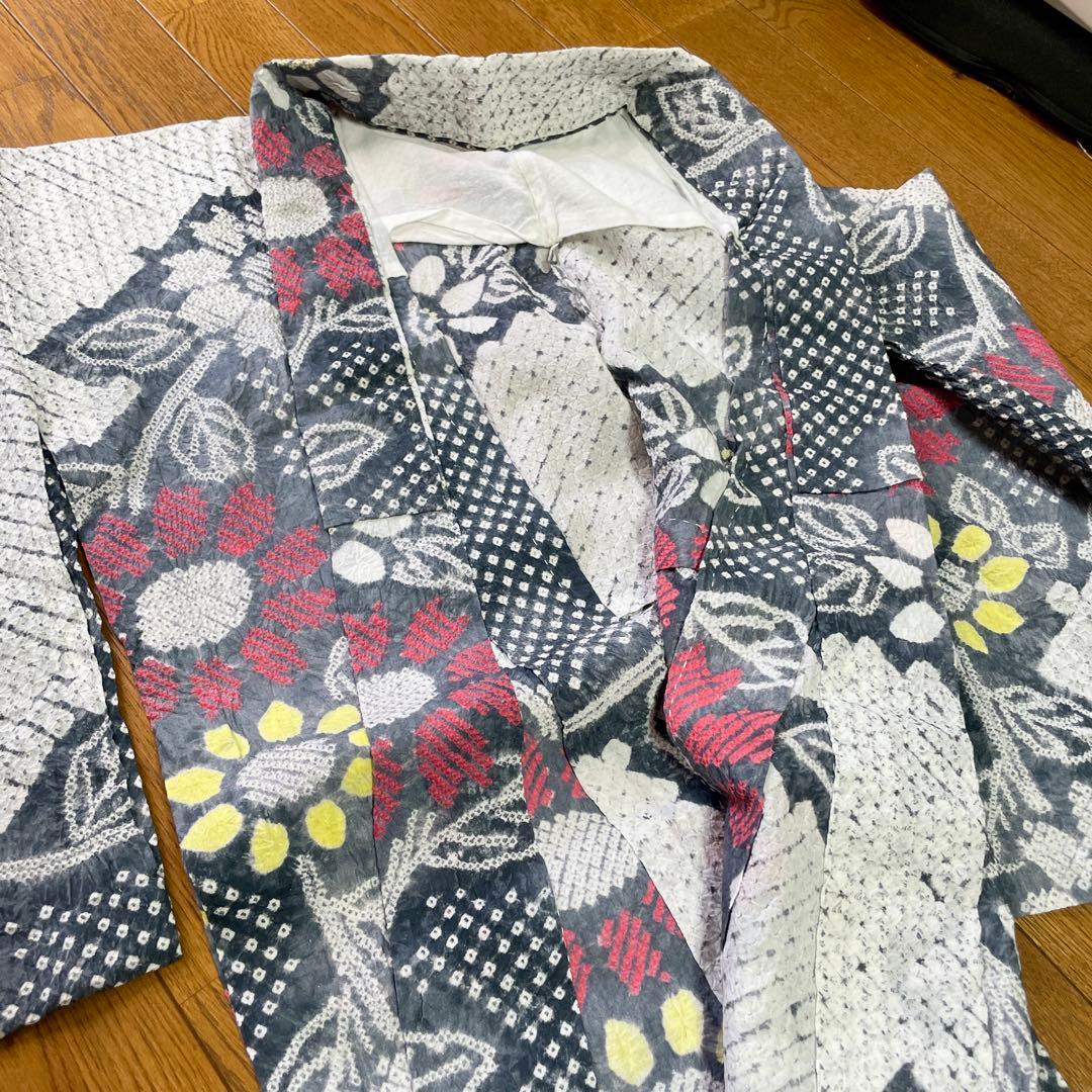 手縫い　大人浴衣　総絞り　有松絞り　レトロ　夏着物　淡い色　グレー　向日葵