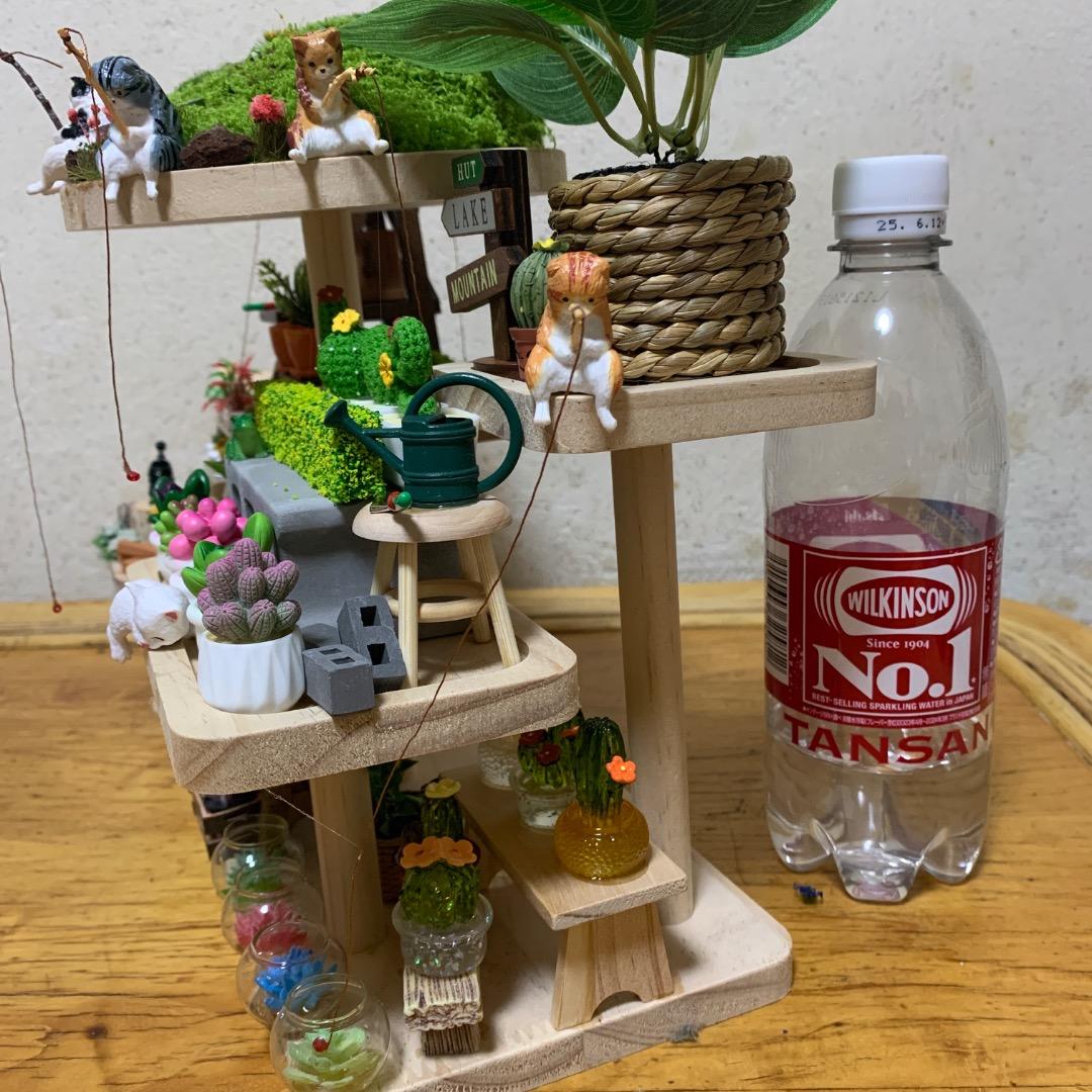 ミニチュア猫島アイランドフェイクガーデン、ハンドメイド、1点物、多肉植物サボテン