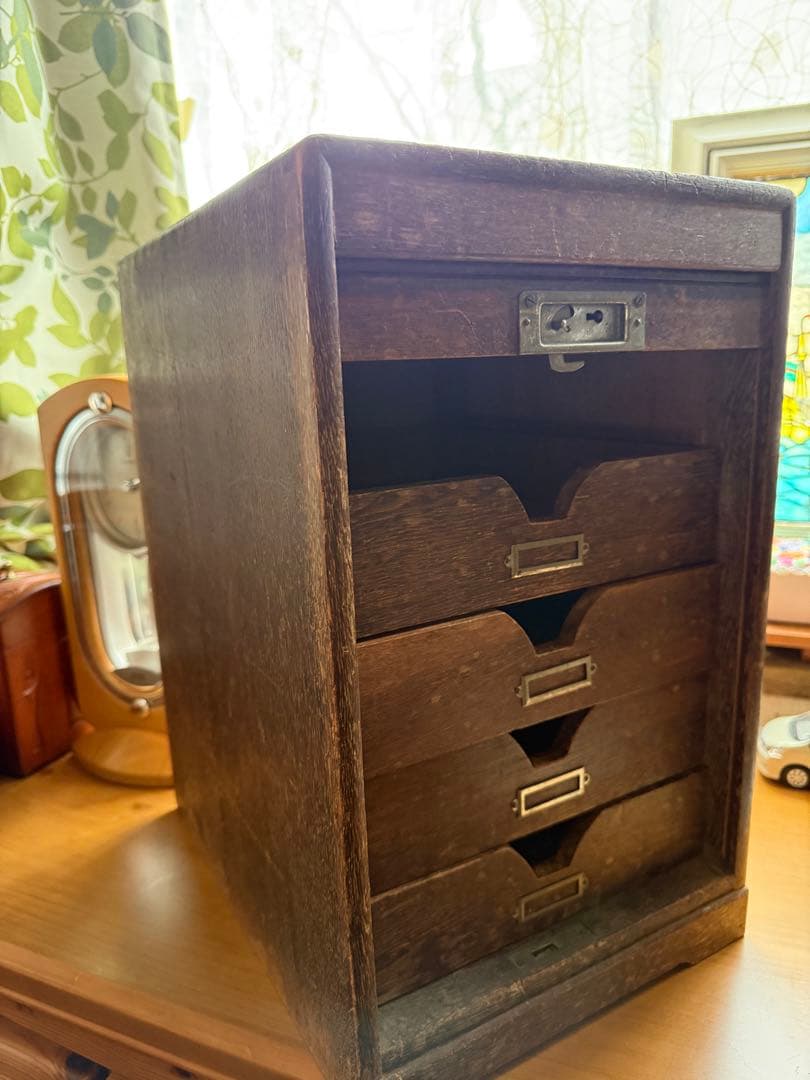 アンティーク木製スライド式蛇腹 ジャバラ扉4段引き出し収納 店舗什器