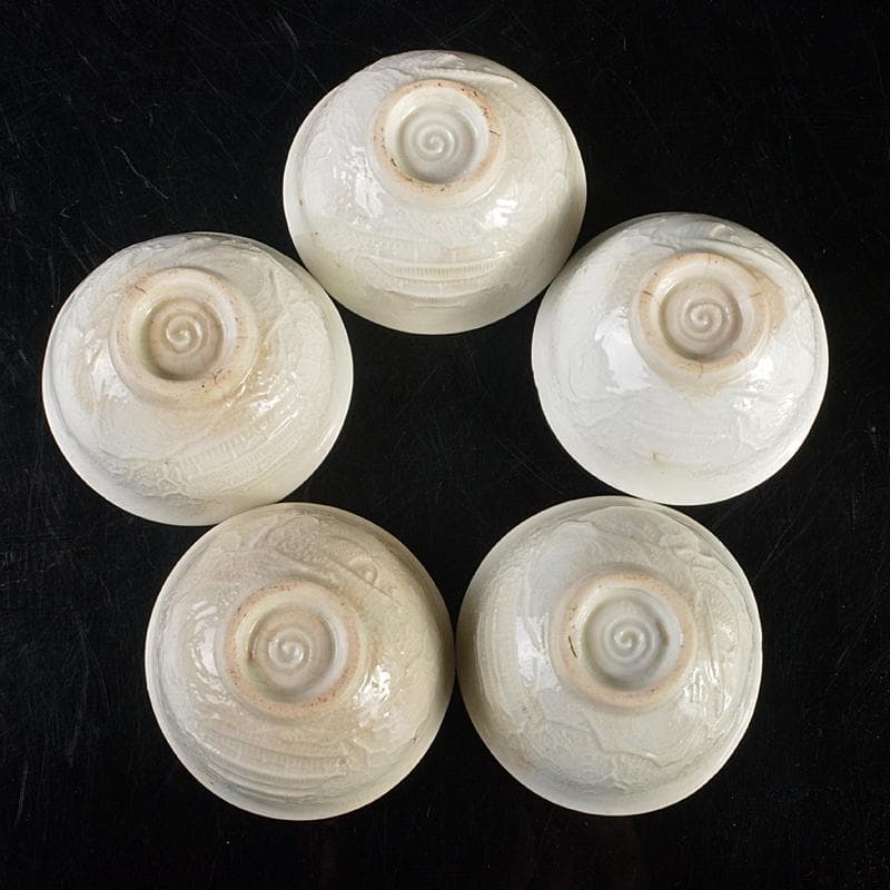 白高麗　徳化窯　陽刻　桜閣山水文　煎茶碗　五客　仕覆・時代箱付　G　R5270