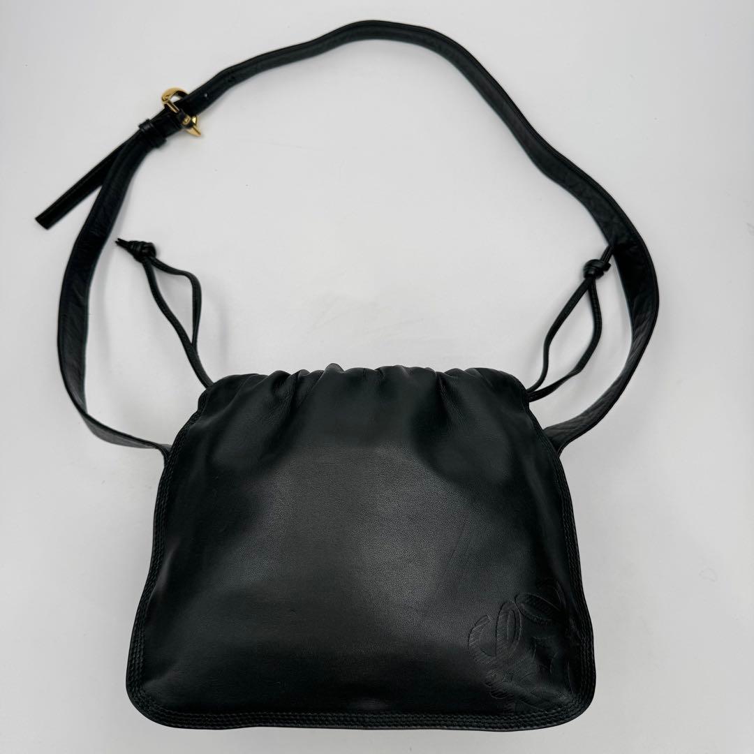 ロエベ アナグラム フラメンコ ナッパ レザー 巾着 ショルダーバッグ 黒緑