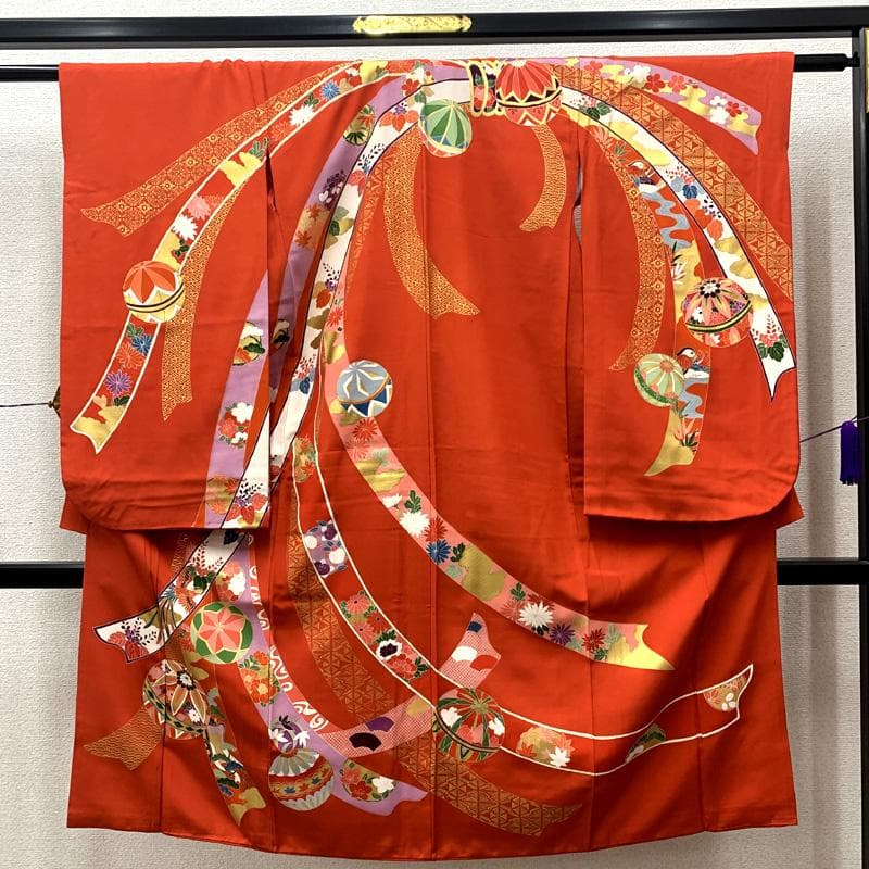 503ag72□七五三 七歳 女児 着物&袋帯&長襦袢 金彩 束ね熨斗 毬□