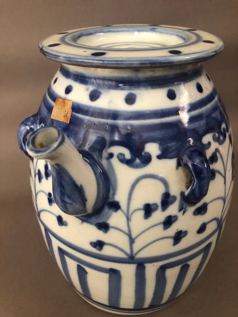 中国骨董　古美術　青花四耳水差し、花瓶