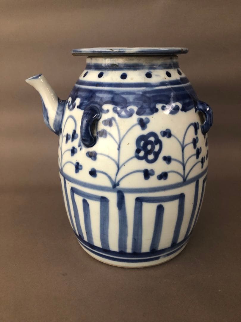 中国骨董　古美術　青花四耳水差し、花瓶