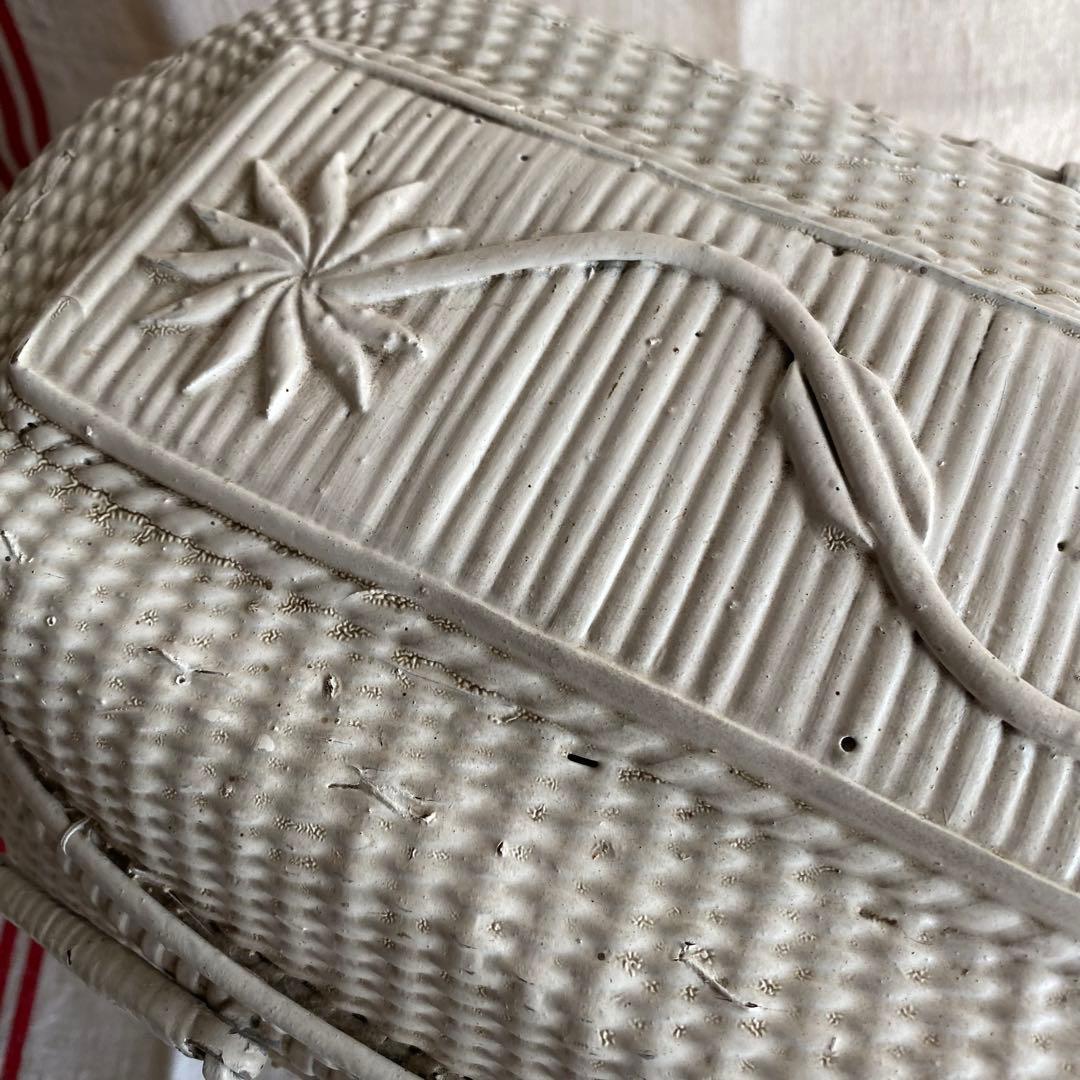 フランス　アンティークパニエ　プロヴァンスプリント　白いかご　ラタンバスケット