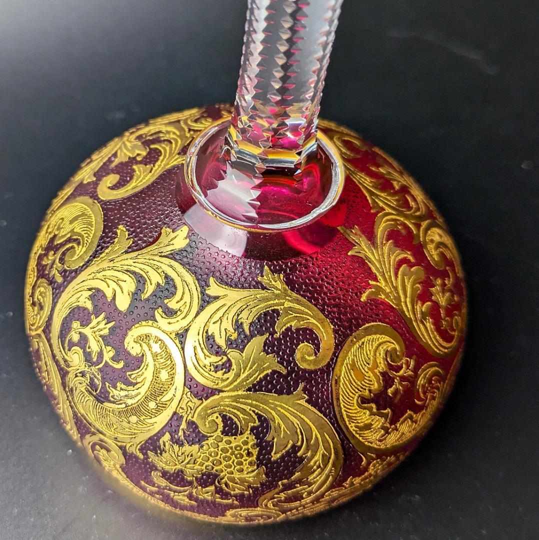 ゴージャスペア★ルビーレッド 17㎝ 金彩 多面カットステム グラス フランス