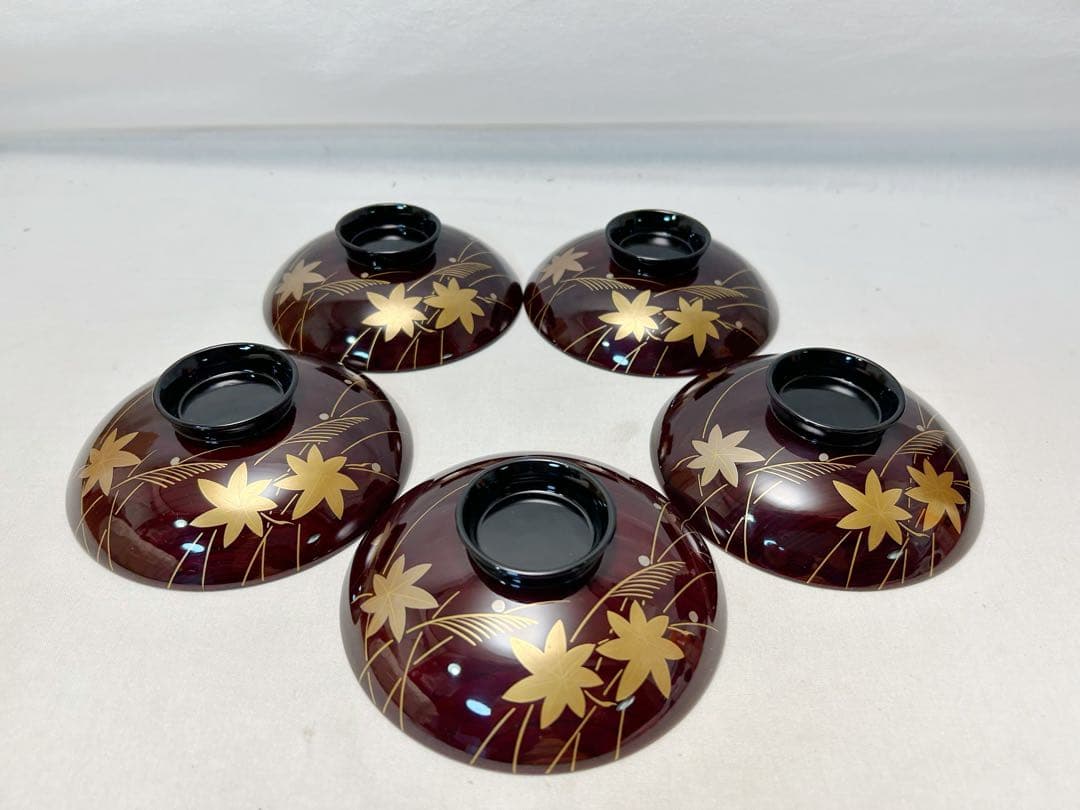 ほぼ未使用 懐石道具 木製溜塗 金彩紅葉蒔絵 吸物椀5客組 共箱