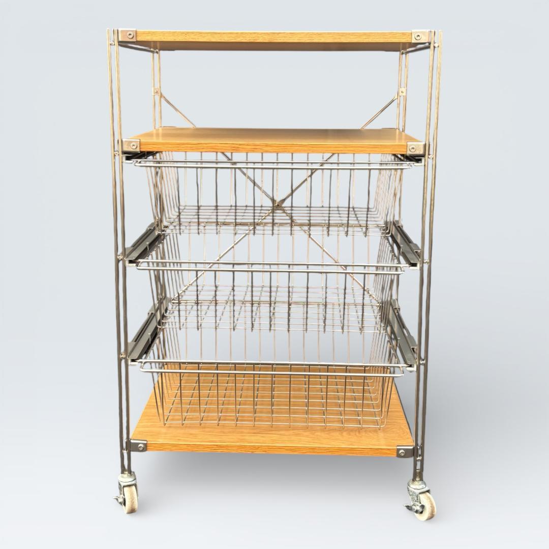 【送料込】無印良品 ステンレスユニットシェルフ オーク バスケット キャスター付