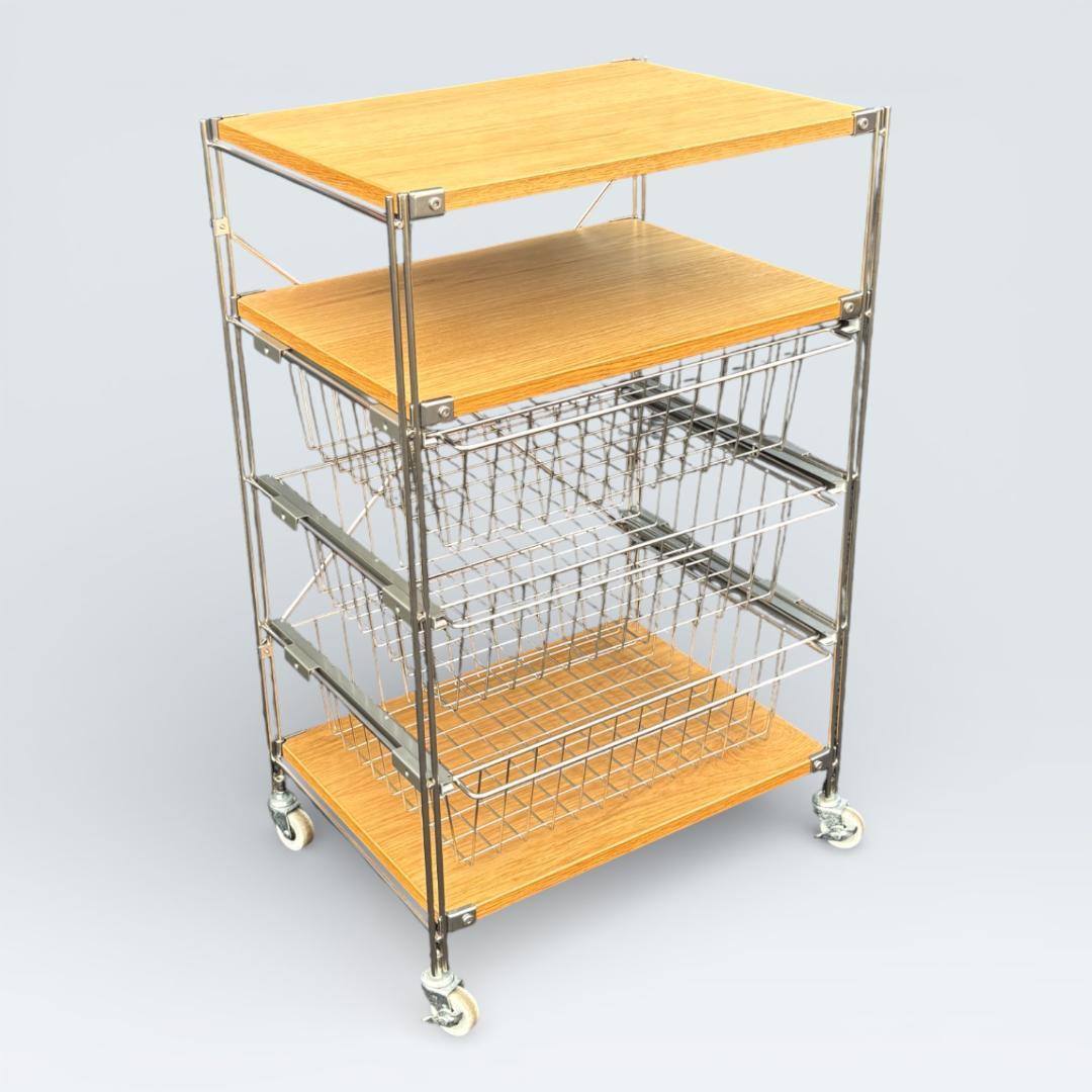【送料込】無印良品 ステンレスユニットシェルフ オーク バスケット キャスター付