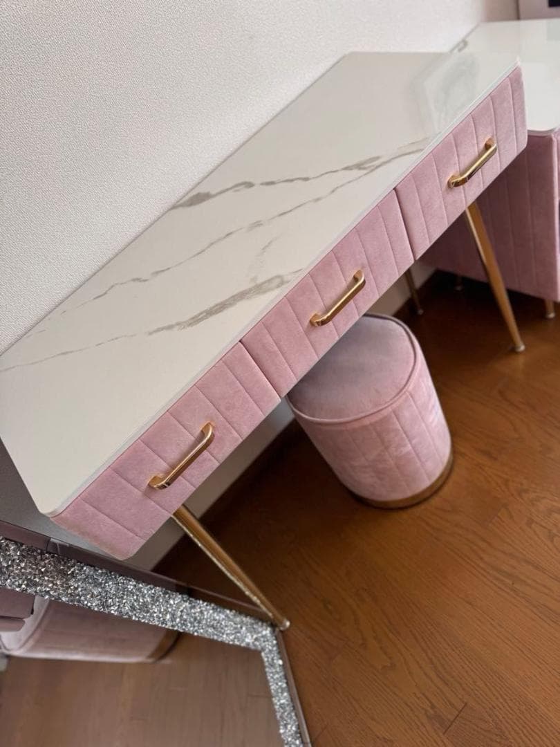 ベロア調　ドレッサー おしゃれ 化粧台　女優ミラー　内部レザー調　大理石調