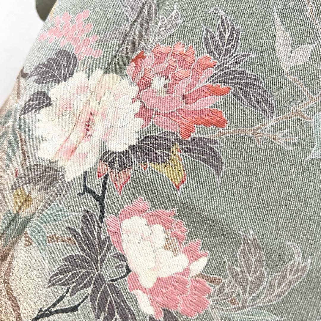 455 訪問着フルセット 正絹 くすみグリーン 灰緑 友禅 金彩 刺繍 暈し染め