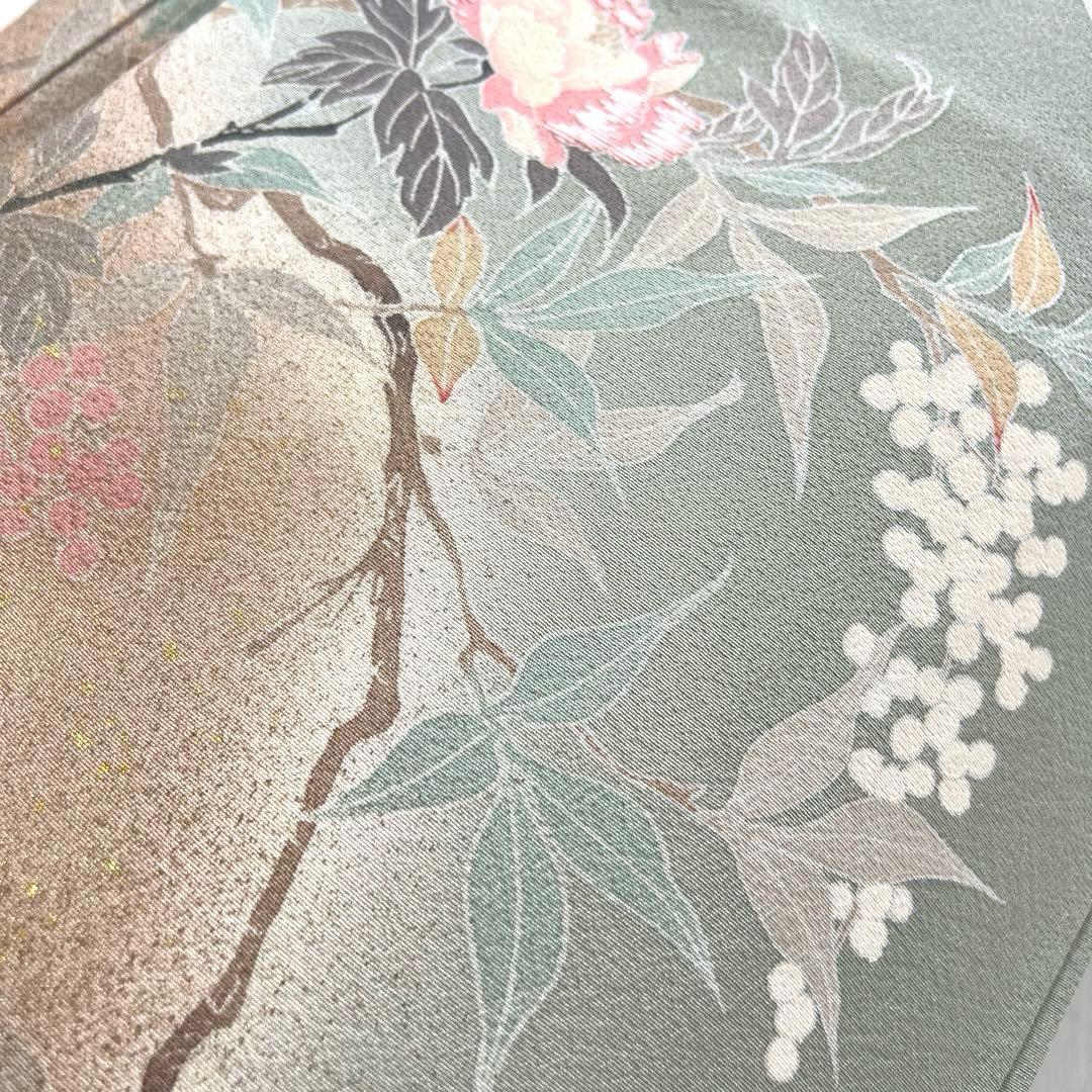 455 訪問着フルセット 正絹 くすみグリーン 灰緑 友禅 金彩 刺繍 暈し染め