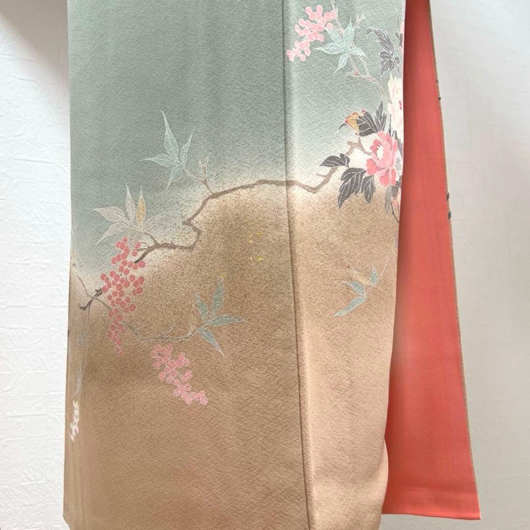 455 訪問着フルセット 正絹 くすみグリーン 灰緑 友禅 金彩 刺繍 暈し染め