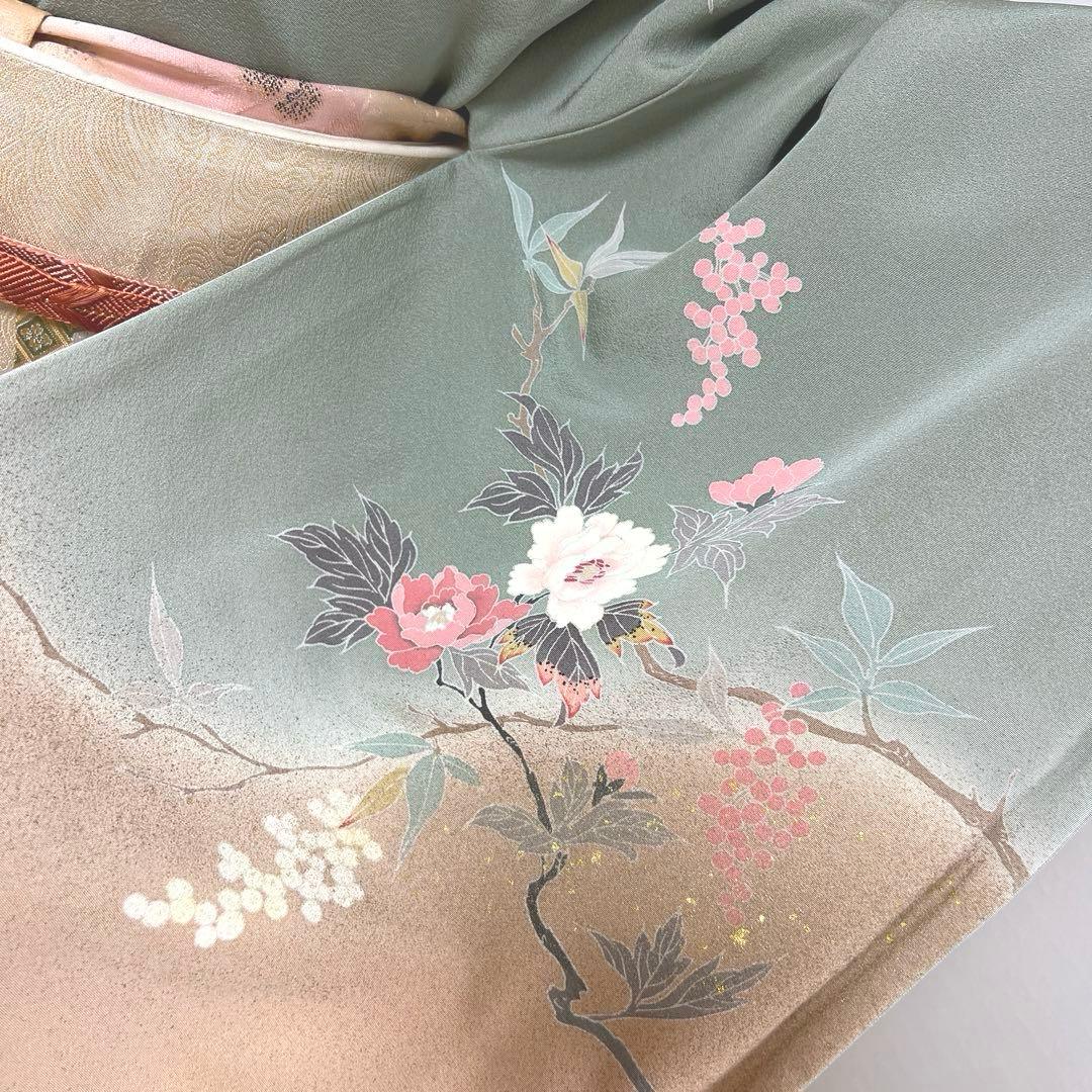 455 訪問着フルセット 正絹 くすみグリーン 灰緑 友禅 金彩 刺繍 暈し染め