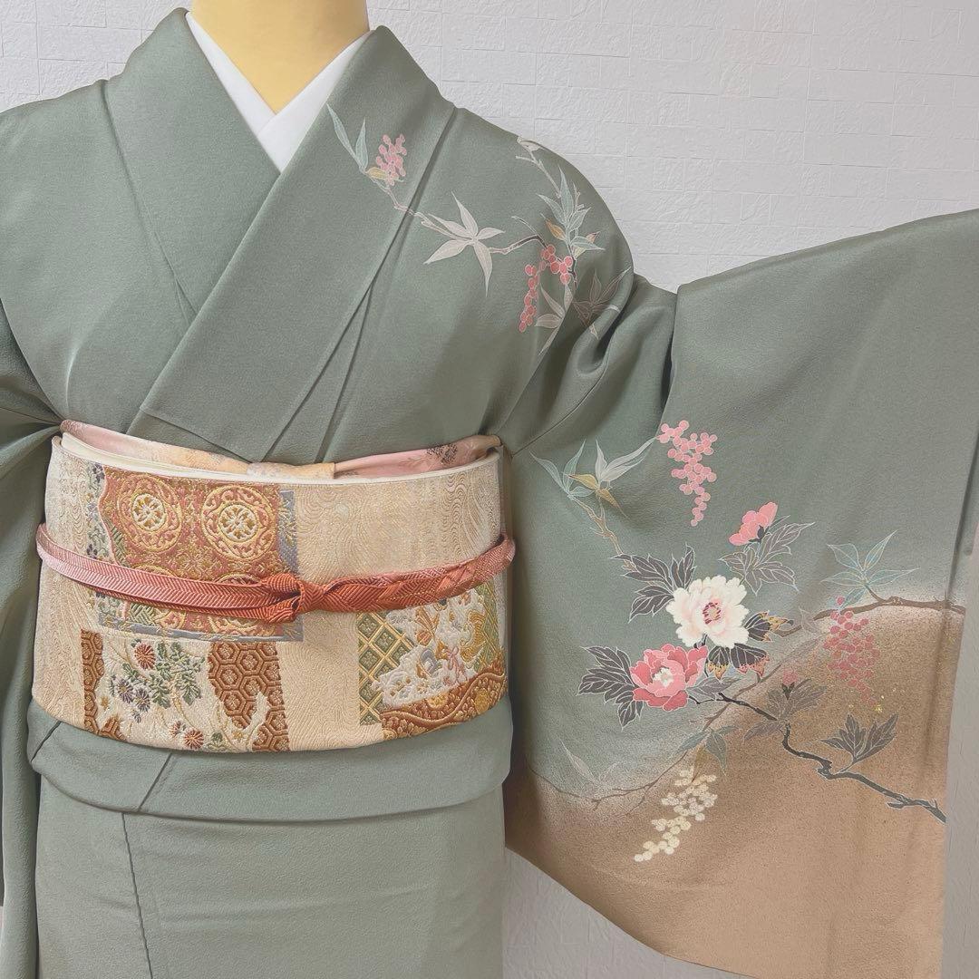 455 訪問着フルセット 正絹 くすみグリーン 灰緑 友禅 金彩 刺繍 暈し染め