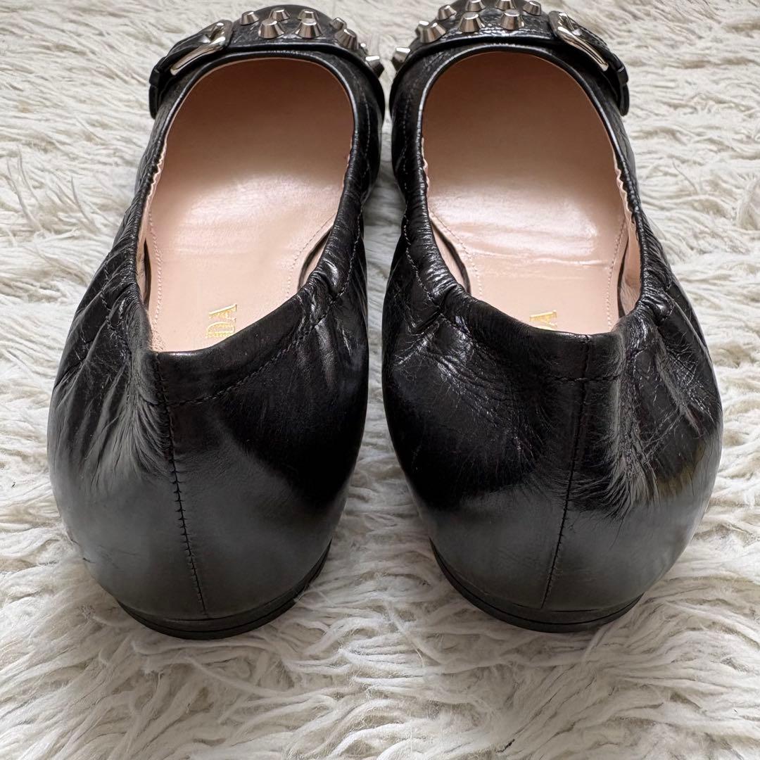 極美品 PRADA バレエ シューズ 黒 38 スタッズ ベルト フラット 靴