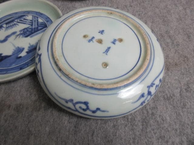 古伊万里冨貴長春青磁染付松竹梅図焼物皿7枚 [B27959]