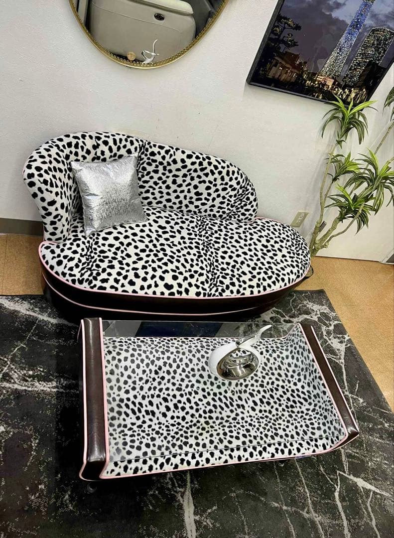【地域限定無料配送】おしゃれヒョウ柄ソファセット（センターテーブル付き）