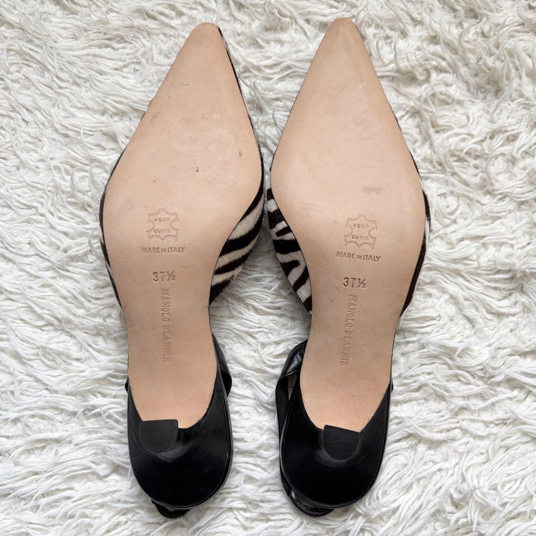 極美品　マノロブラニク　リボンデザイン　ポインテッドトゥ ゼブラ柄　ミュール