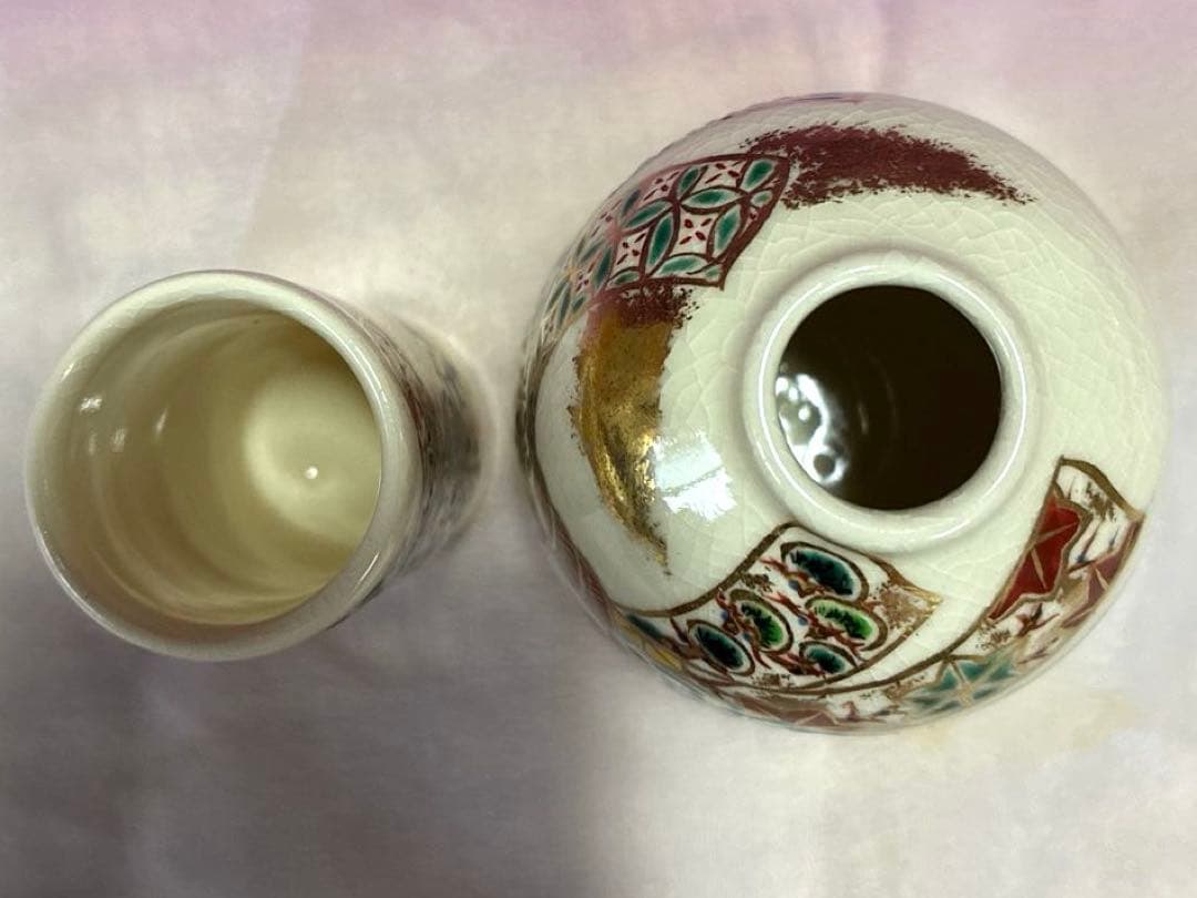 【茶道具】色絵　束熨斗『雄峰作』✨豪華絢爛✨三点揃　（茶碗・振出・茶巾筒）共箱