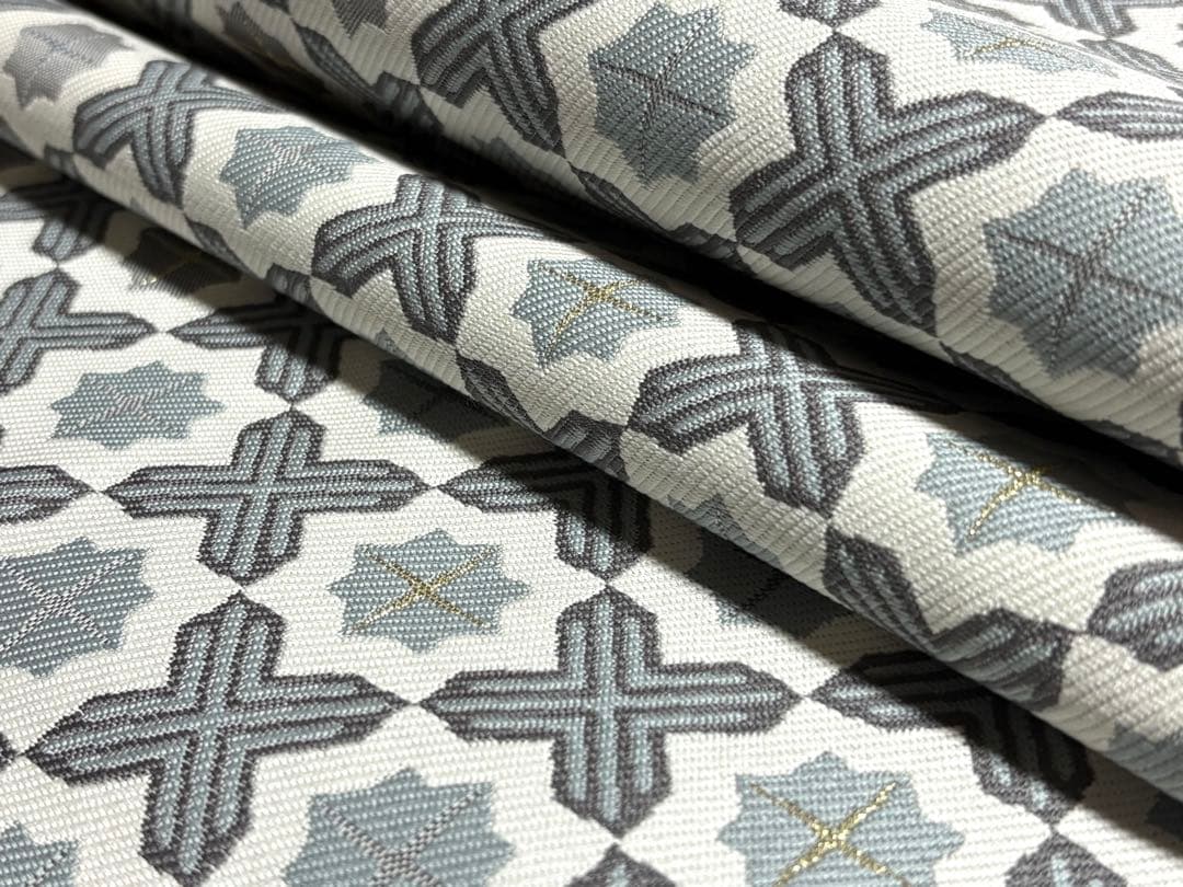 未使用品　和服帯　正絹　十字繋ぎ.幾何学模様　名古屋帯(帯封付) 早い者勝ち