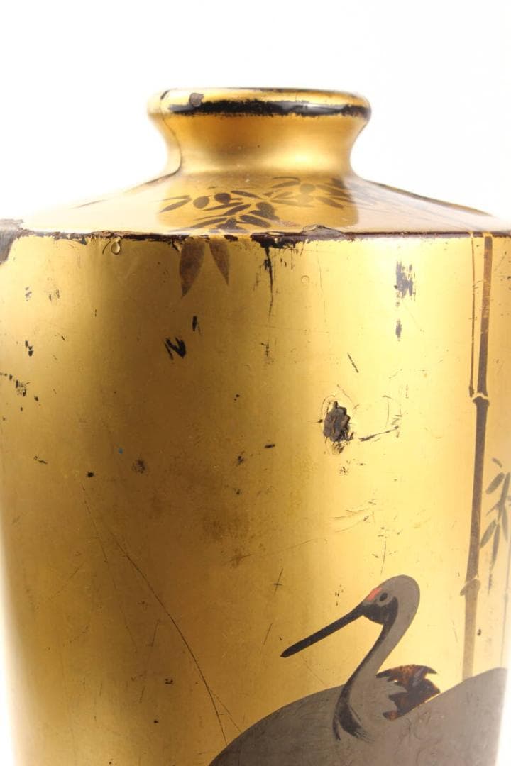 【幕末　明治時代】輸出漆器　里帰り品　鶴と竹図　沃懸地 木製花瓶