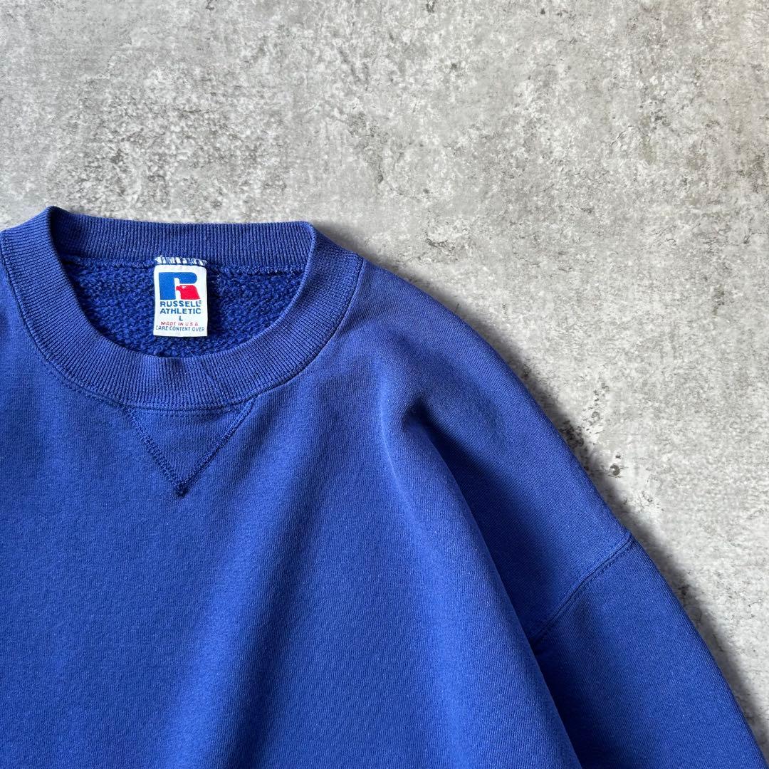 90s ラッセルアスレティック 前Vスウェット/無地プレーン USA製 ブルー