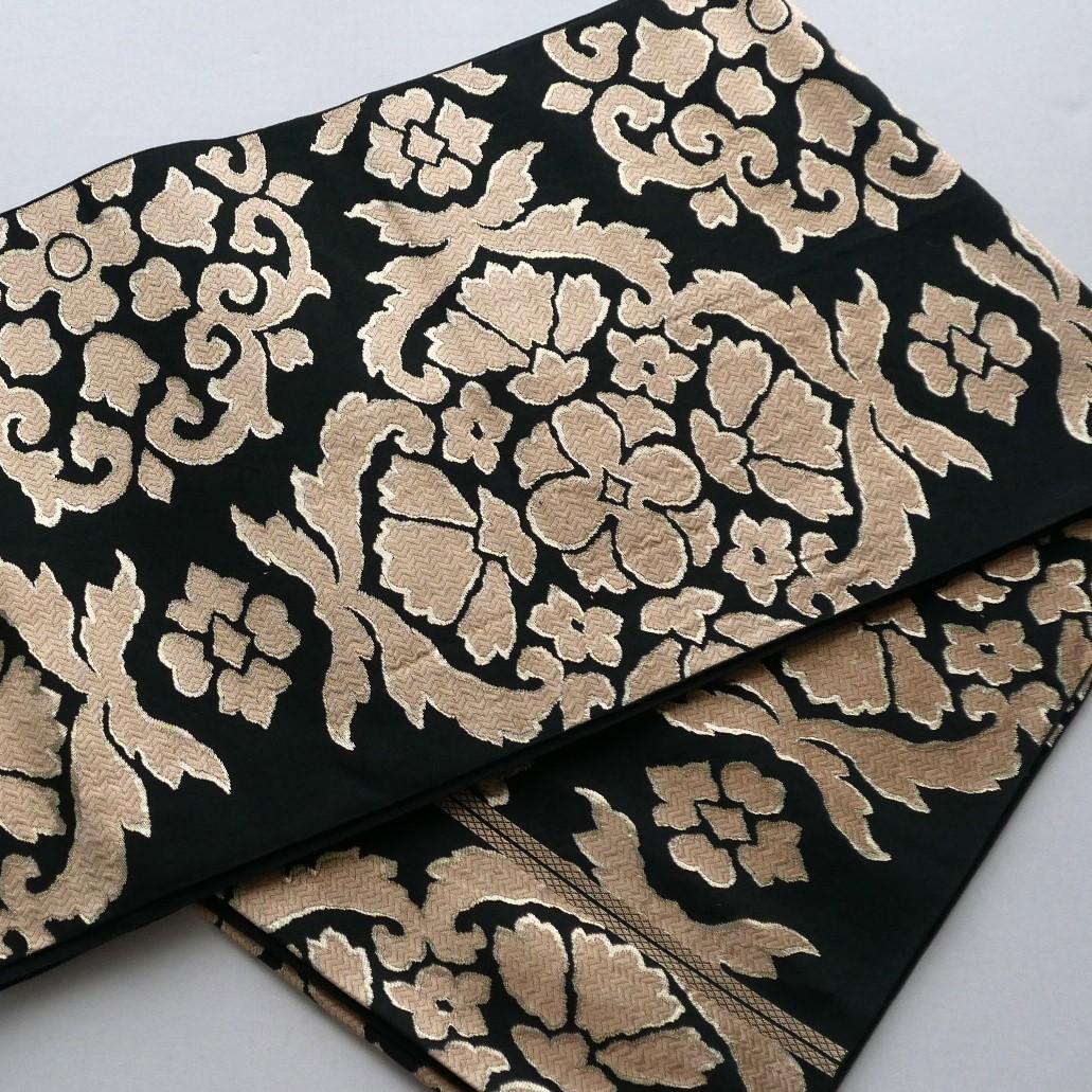 黒色 金糸☆六通 袋帯☆正絹☆更紗花唐草文☆金襴☆西陣織