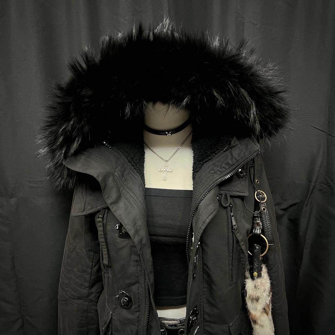 平成ギャル y2k グランジ　ファー付き　モッズコート　ブラック　ダークコア
