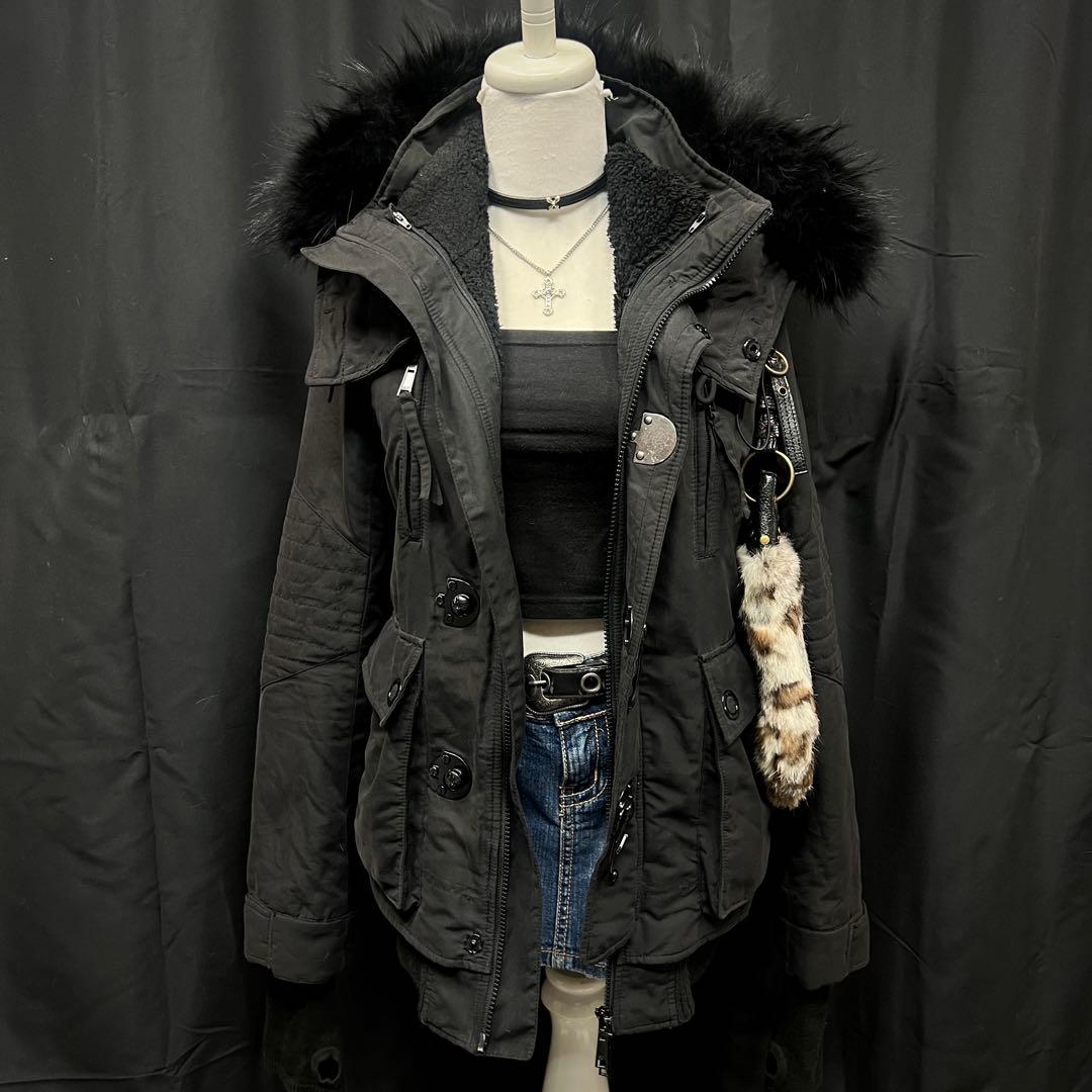 平成ギャル y2k グランジ　ファー付き　モッズコート　ブラック　ダークコア