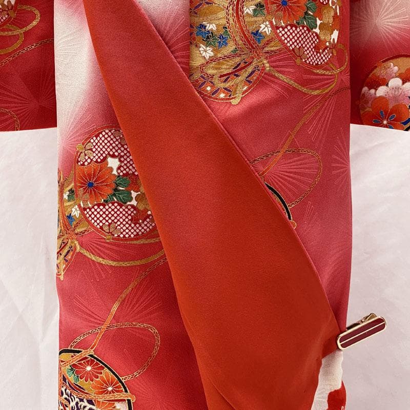 501ag31◎七五三 七歳 女児 着物&丸帯 小紋柄 部分絞り染め 鼓◎美品