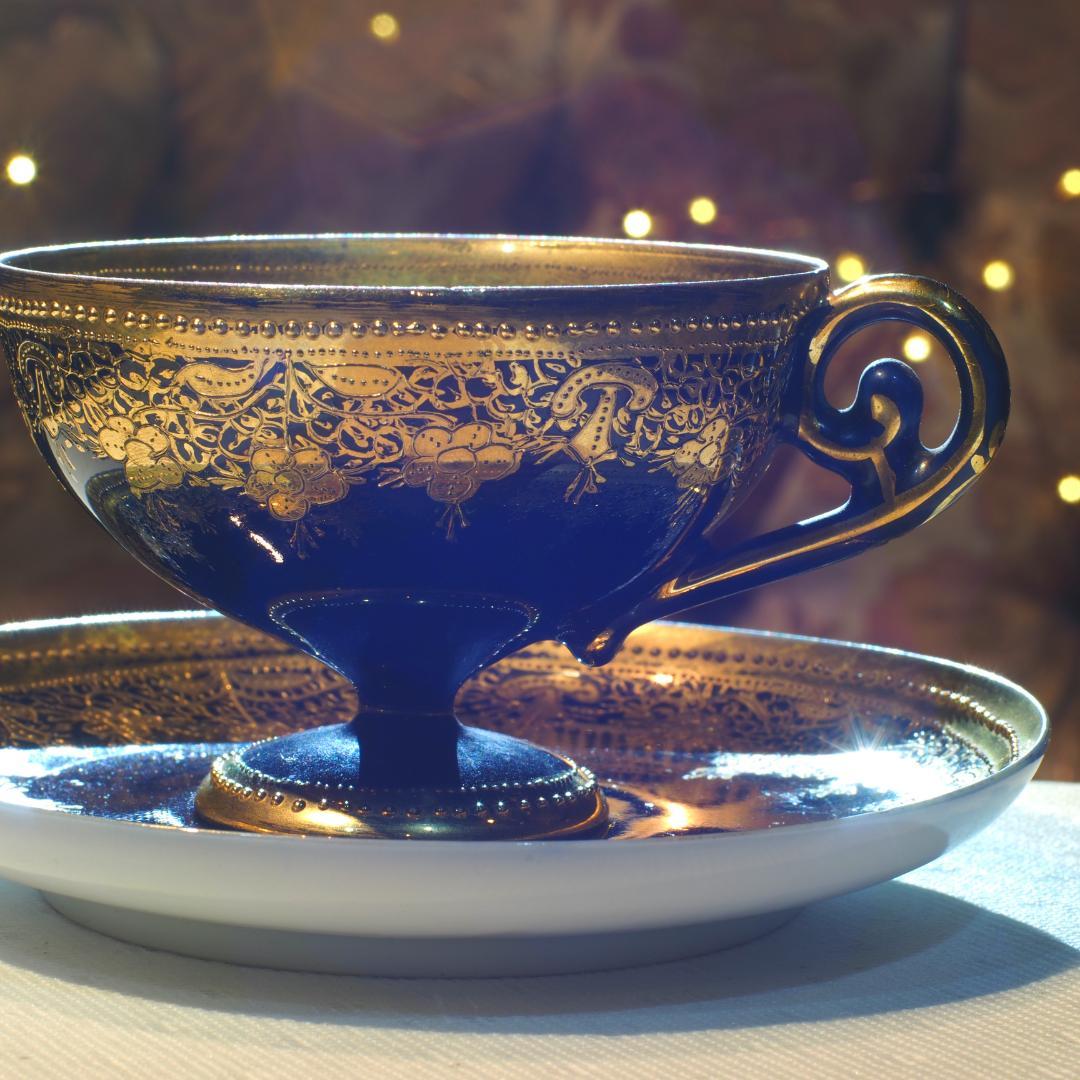 オールドノリタケ 金盛藍線帯華装飾紋 メイプルリーフ印 ペディスタル 里帰り