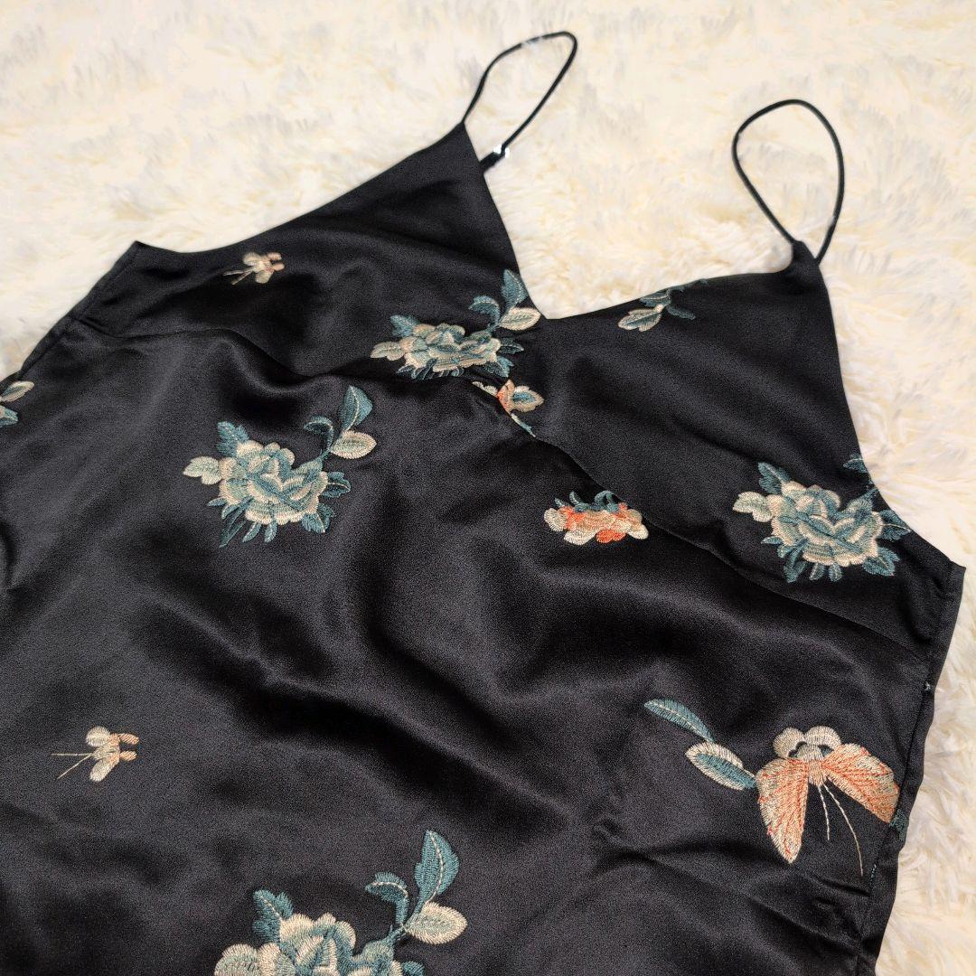 Omekashi レイヤード キャミチュニック 花柄 刺繍 ブラック