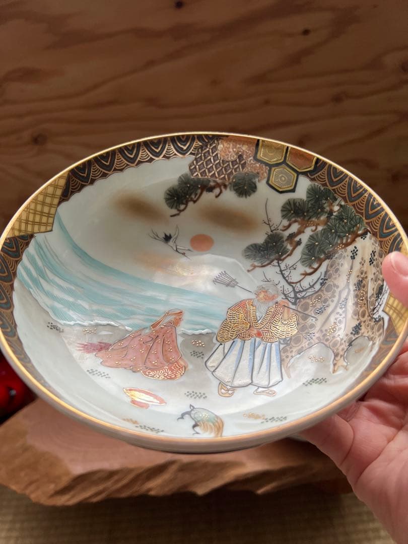 九谷焼き　松の木と鶴と亀　縁起物　骨董品　古美術