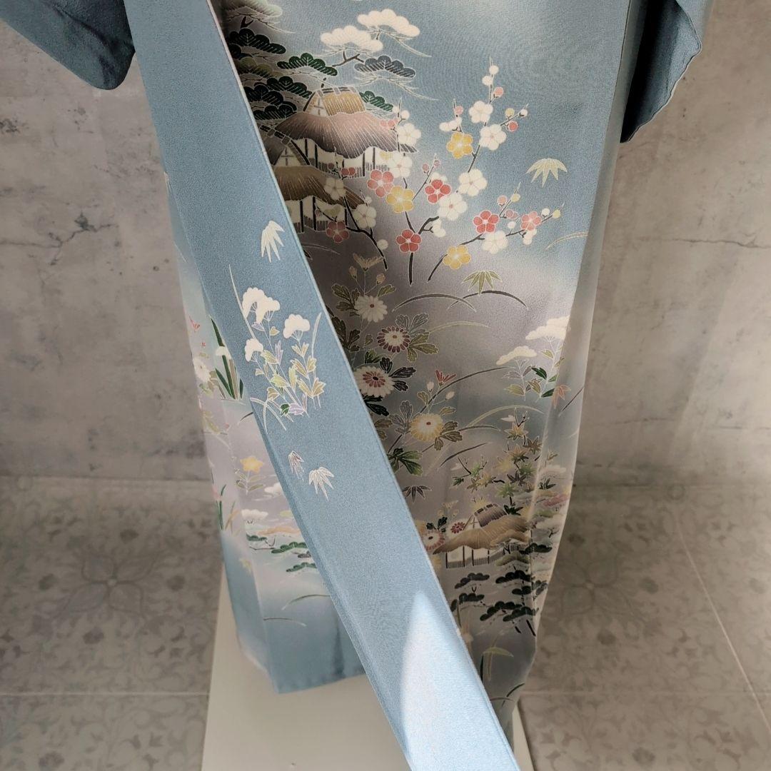 訪問着　フルセット　着物　友禅　正絹　青　茶屋辻　花　祝い事　優美　D2