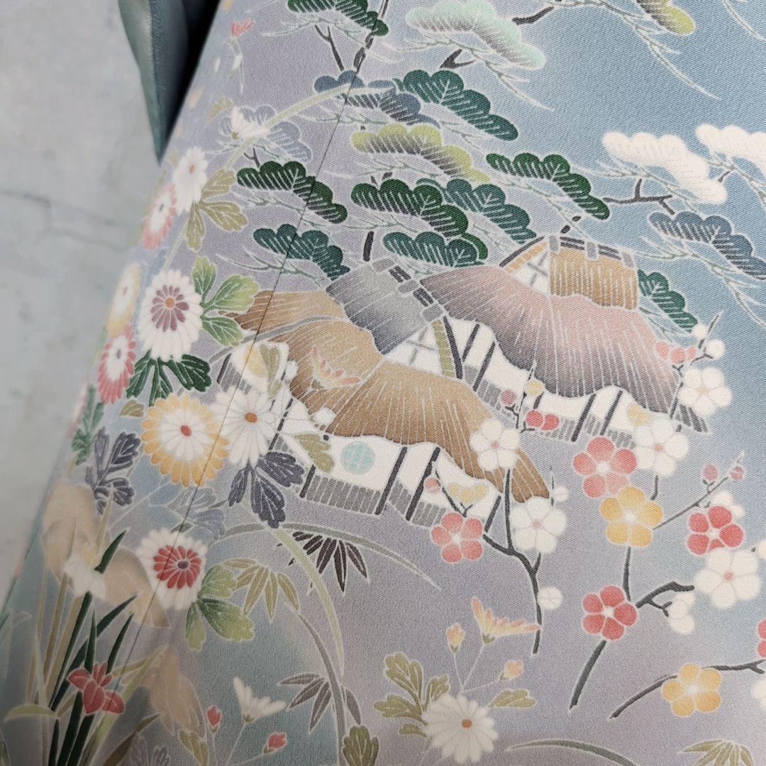 訪問着　フルセット　着物　友禅　正絹　青　茶屋辻　花　祝い事　優美　D2