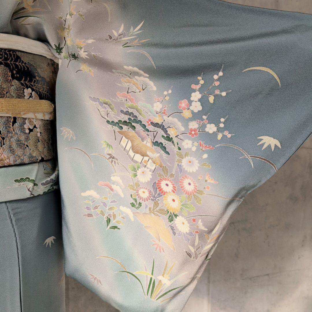 訪問着　フルセット　着物　友禅　正絹　青　茶屋辻　花　祝い事　優美　D2