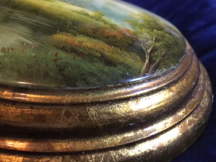 英国　手描き風景半球アンティーク　ドーム型壁掛け木製細密画