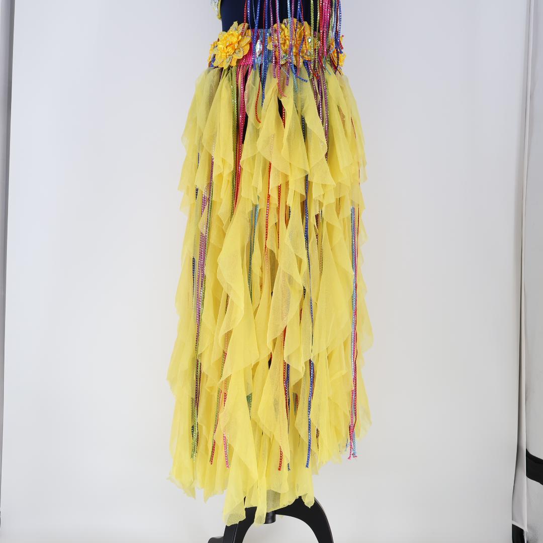 【ベリーダンス用 オリエンタル衣装】イエロー シルバーラメ多数 花コスチューム