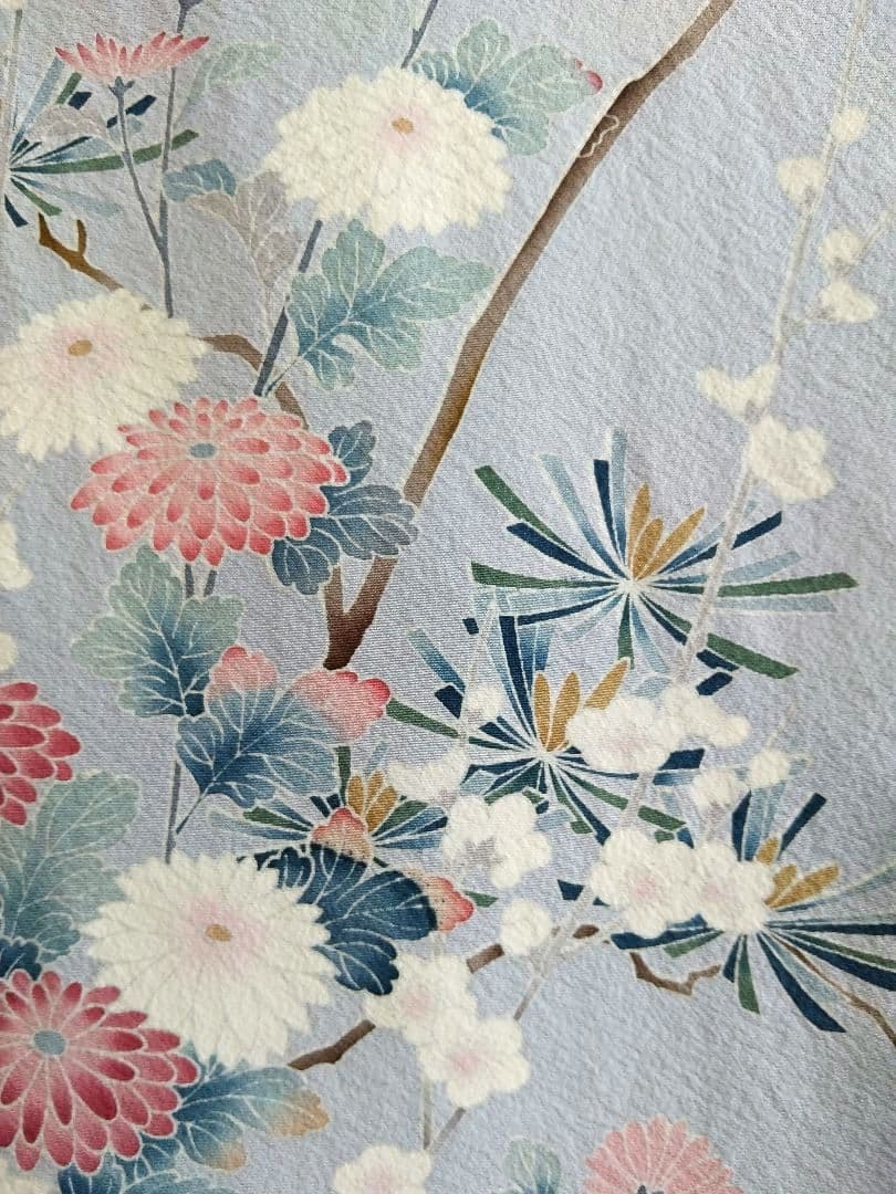 F‐285 訪問着 京加賀友禅 袷 暈し ブルーグレー 菊 松 梅 美品