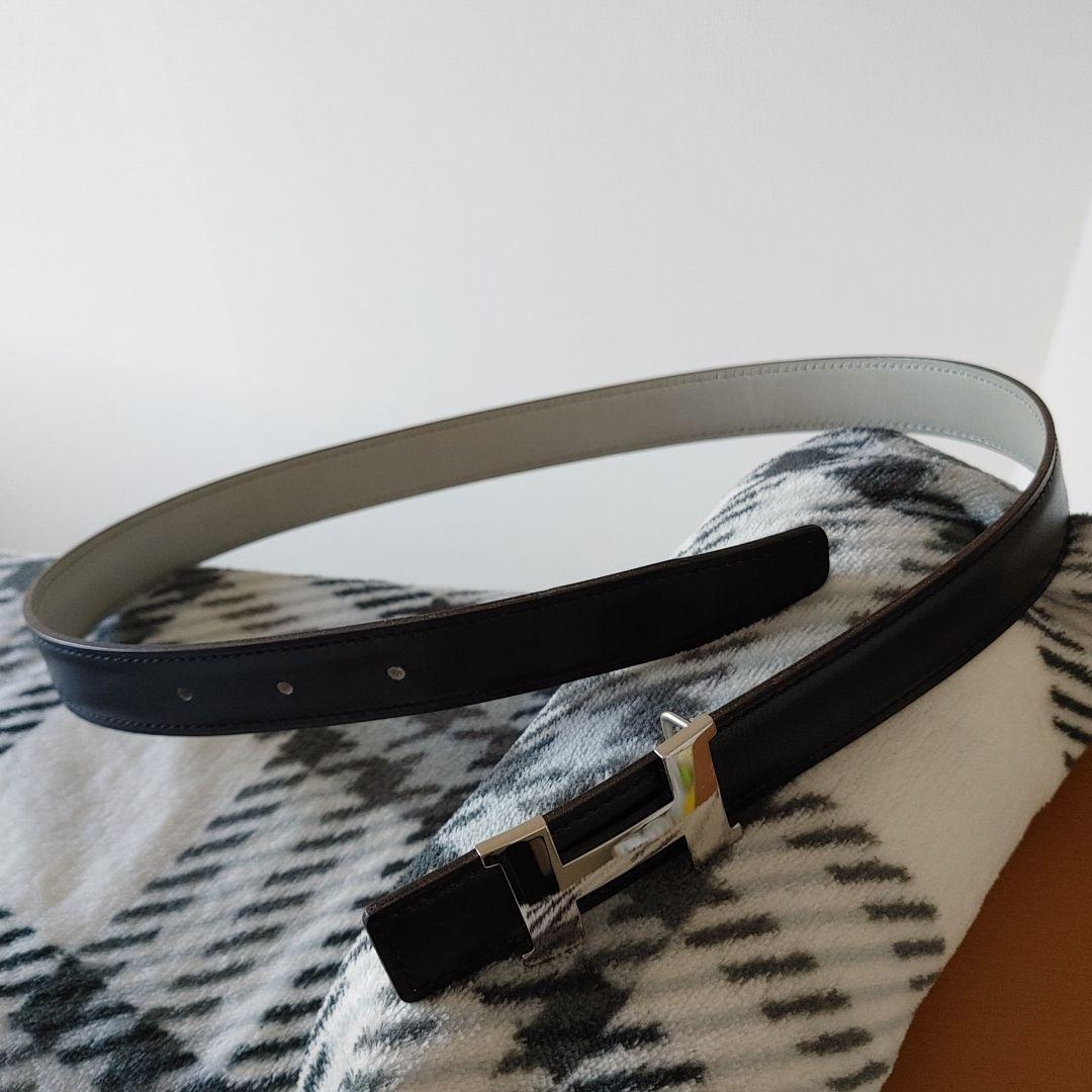 美品【HERMES】Hバックル　レザーベルト　ブラック×シルバー