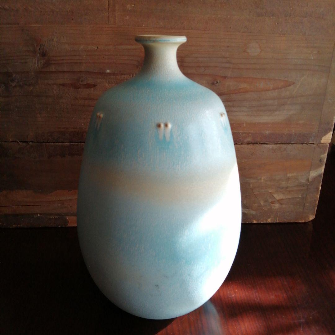 京焼　天野達夫　窯変蒼釉花瓶　28.5cm