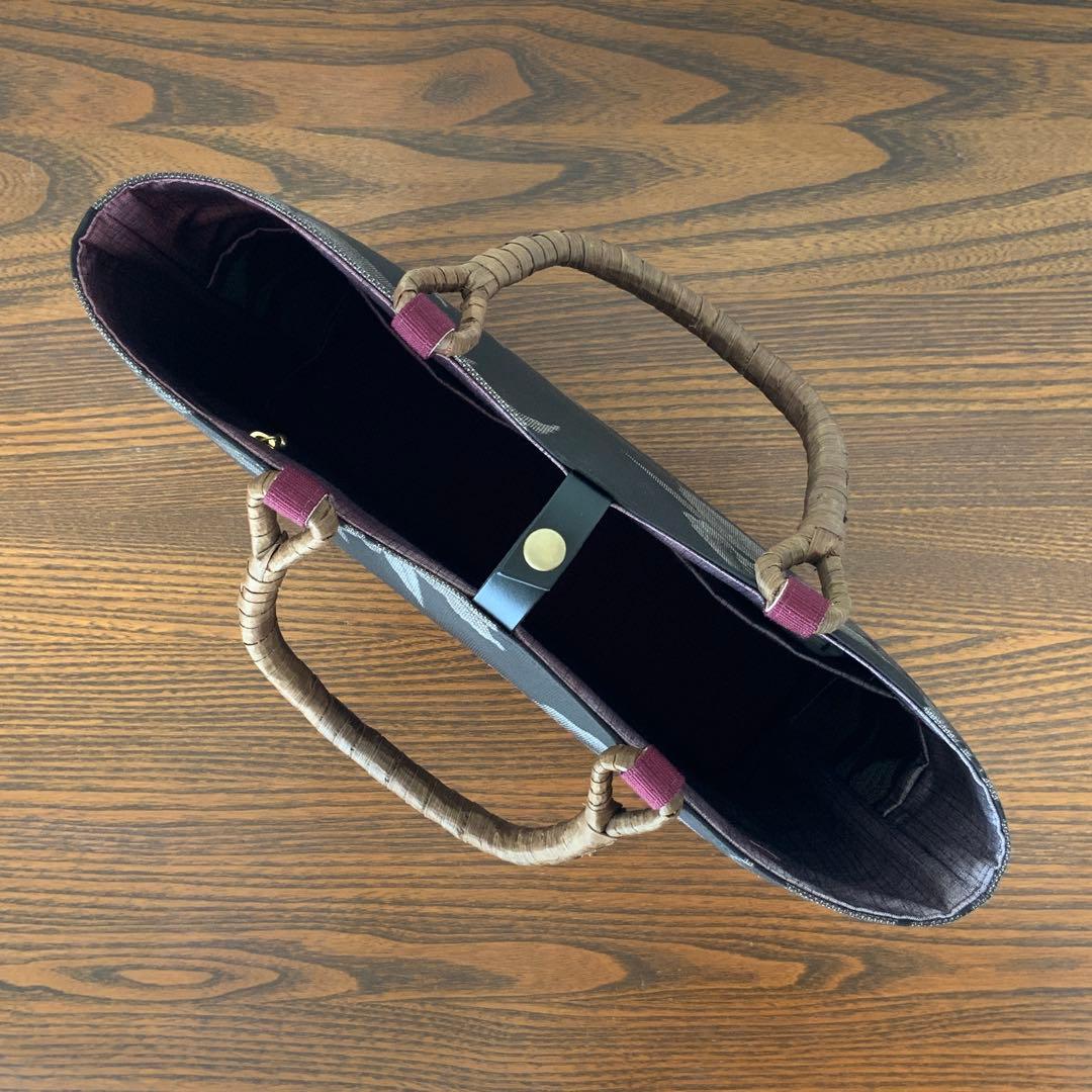 大島紬 カトレアの花 リメイク 胡桃皮ハンドルバッグ