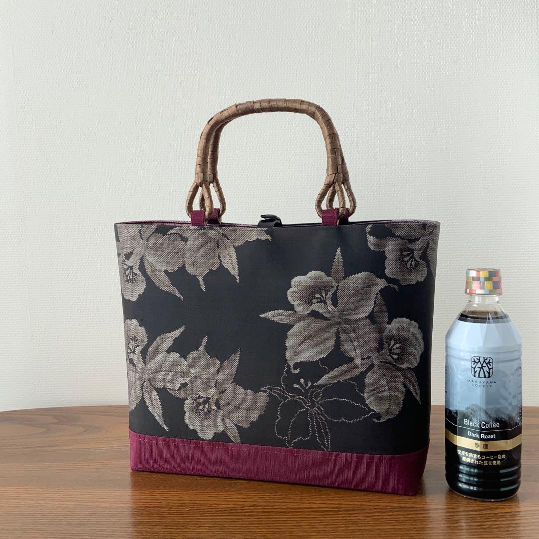 大島紬 カトレアの花 リメイク 胡桃皮ハンドルバッグ