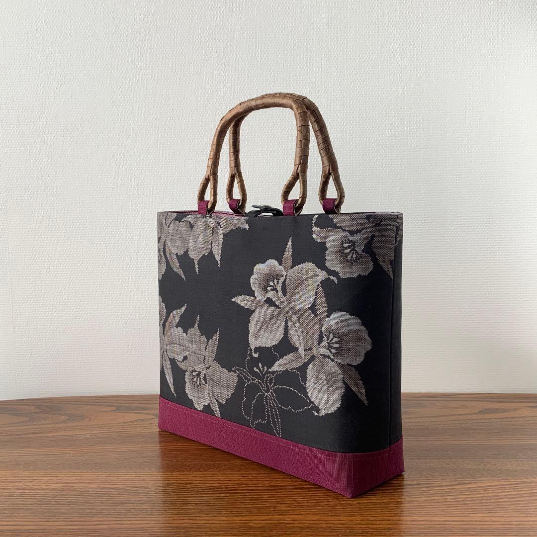 大島紬 カトレアの花 リメイク 胡桃皮ハンドルバッグ