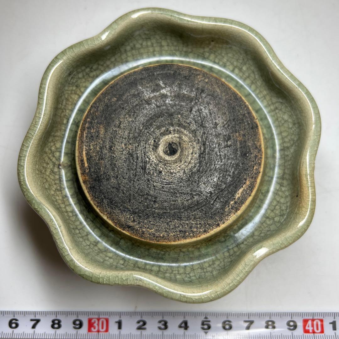 中国明時代　竜泉窯七官青磁硯石　木箱付　幅約12.3g 東Y8-0205☆2F