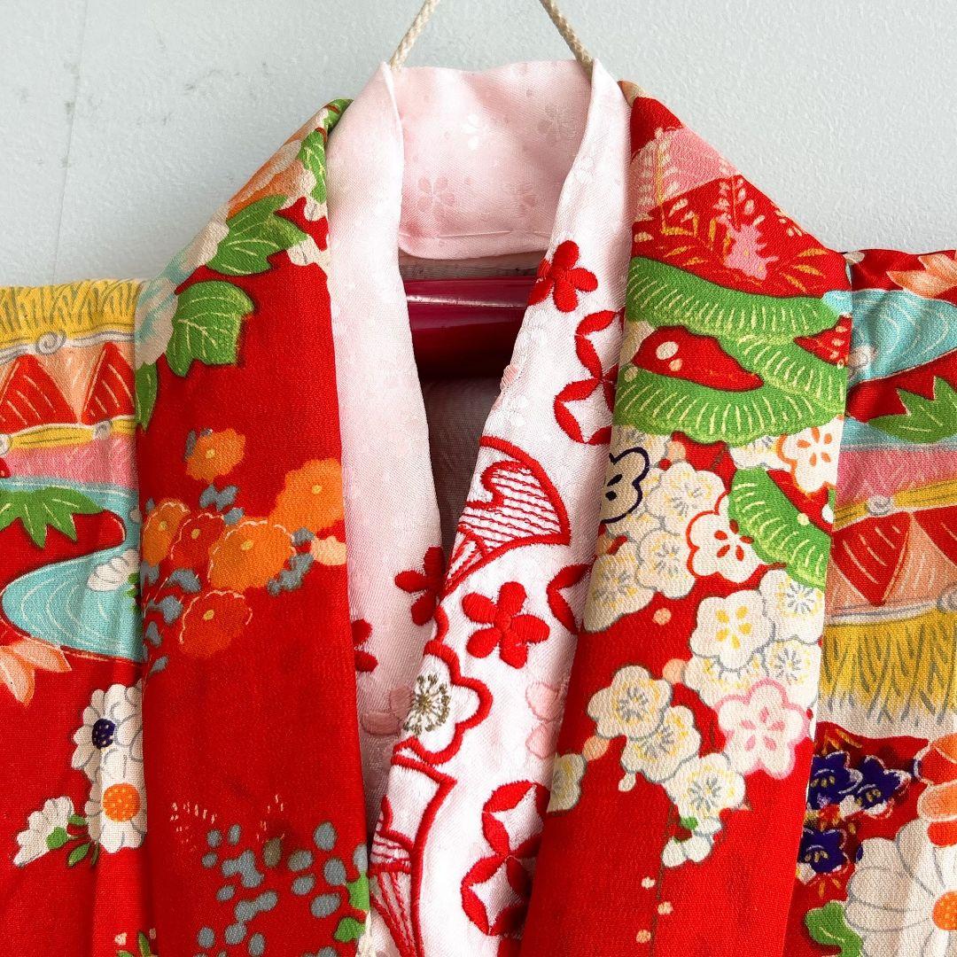 七五三　７歳フルセット　アンティーク　長着＆帯＆長襦袢＆草履＆小物セット　赤地